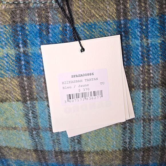 Sandro Paris Wool Tartan Plaid Large Tote Blue Green Snap  Sandro Paris Wool Tartan Plaid Large Tote Blue Green Snap Top Handle Bag NWT